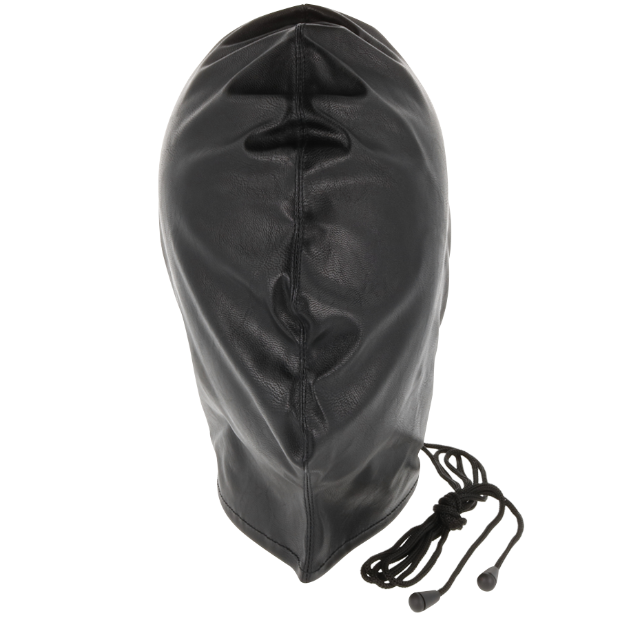 Cagoule de subjugation en satin noir — vue de profil