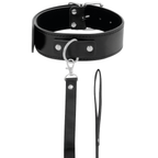 Collier de posture en cuir noir Darkness a boucle metal avec laisse a maillons detachable, vu de face sur fond blanc pour scenes de domination