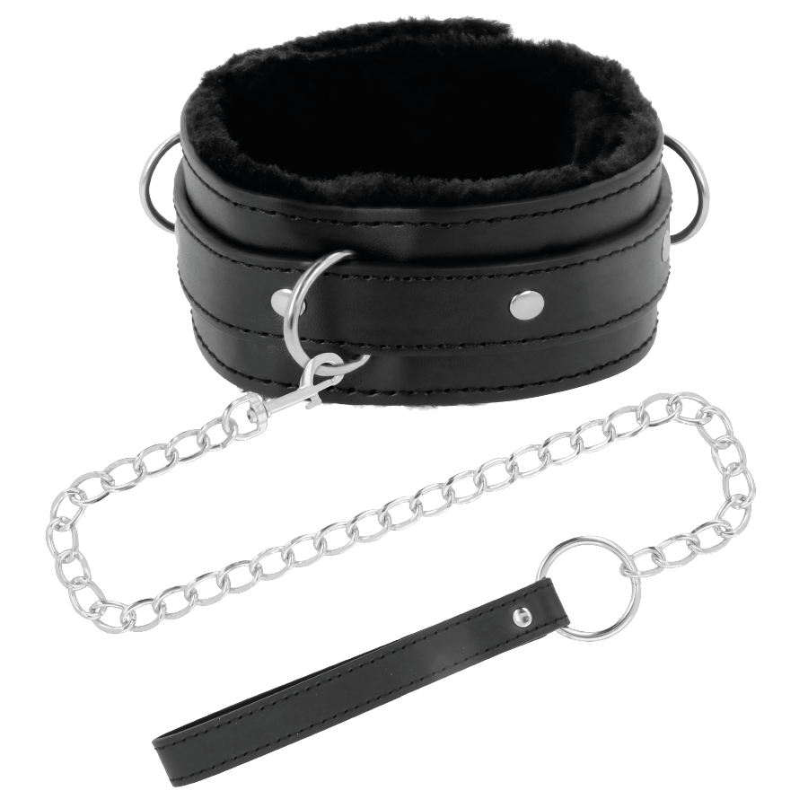 Collier de posture cuir Darkness double de fourrure noire avec laisse chaine metal et poignee cuir, vu de face sur fond blanc pour domination