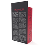 Verso de la boite du collier en cuir Darkness, panneau noir et rouge avec descriptif multilingue et pictogrammes du collier laisse a maillons