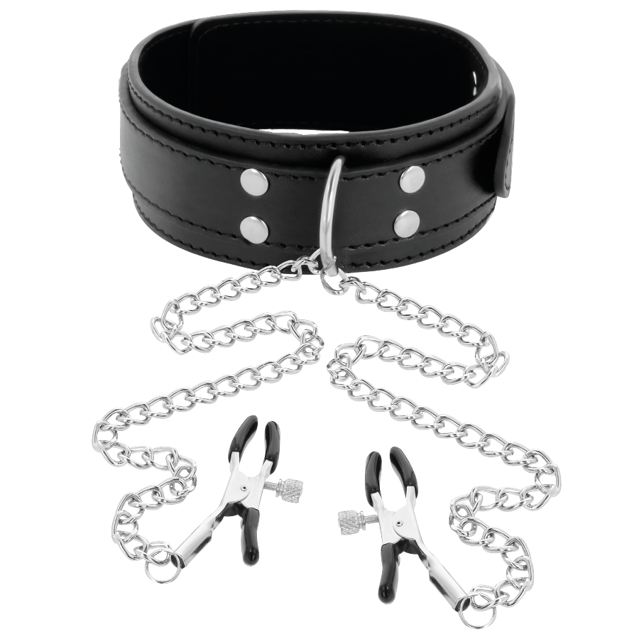 Collier avec pinces nipple noir cuir PVC — détail produit