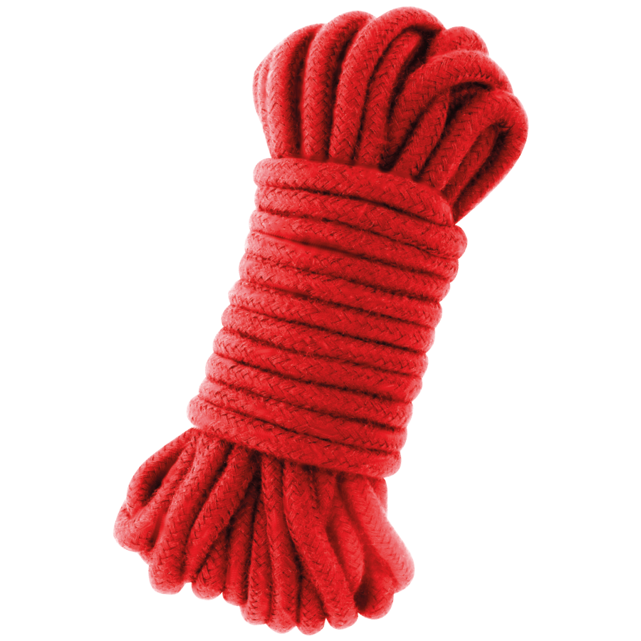 Corde de bondage japonaise en coton rouge Darkness enroulee en faisceau compact. Coton souple et maniable a bonne tenue des noeuds pour le shibari et l'immobilisation.