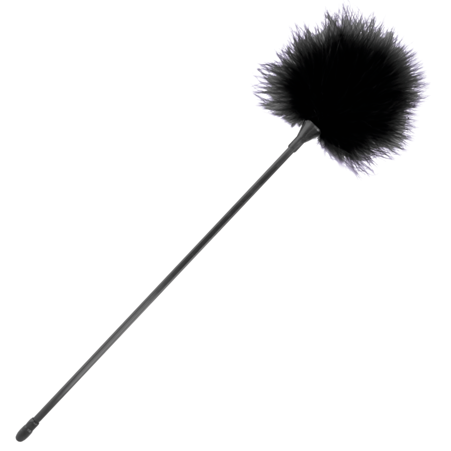 Plumeau de stimulation noir Darkness a long manche fin et touffe de plumes douces sur fond blanc, accessoire sensoriel pour preliminaires fetiches