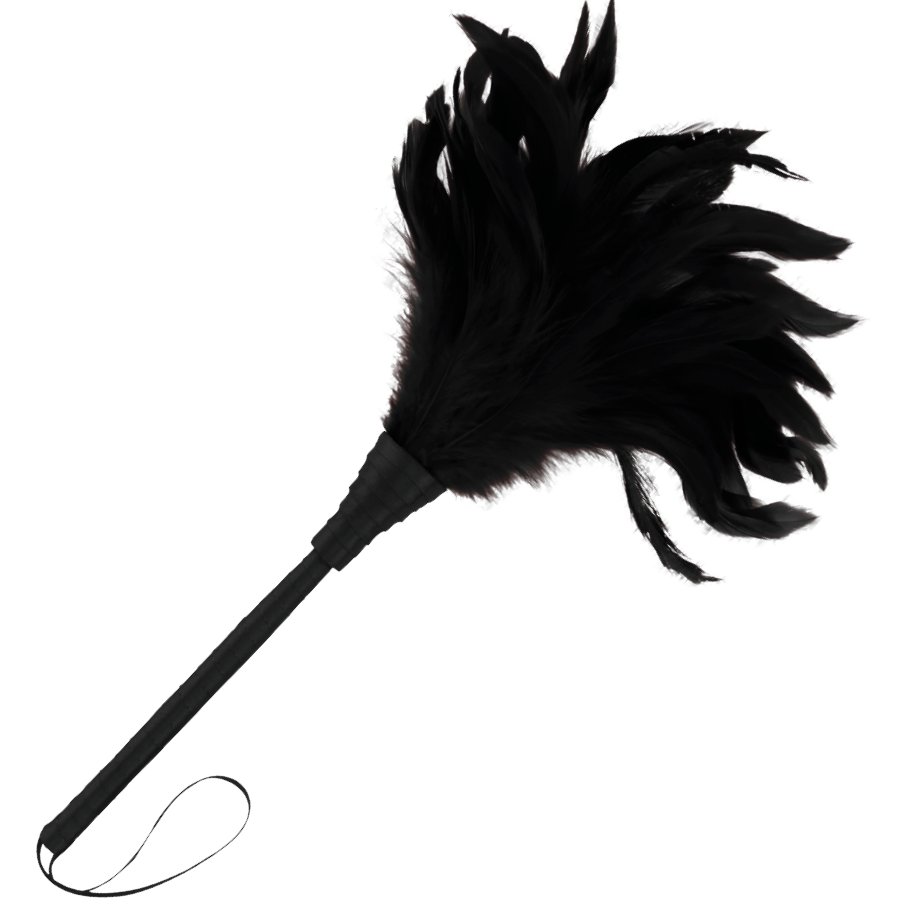 Plumeau de stimulation Darkness a plumes noires douces et manche fin avec dragonne, pour effleurer la peau et eveiller les sens dans des preliminaires sensoriels.