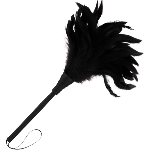 Plumeau de stimulation Darkness a plumes noires douces et manche fin avec dragonne, pour effleurer la peau et eveiller les sens dans des preliminaires sensoriels.