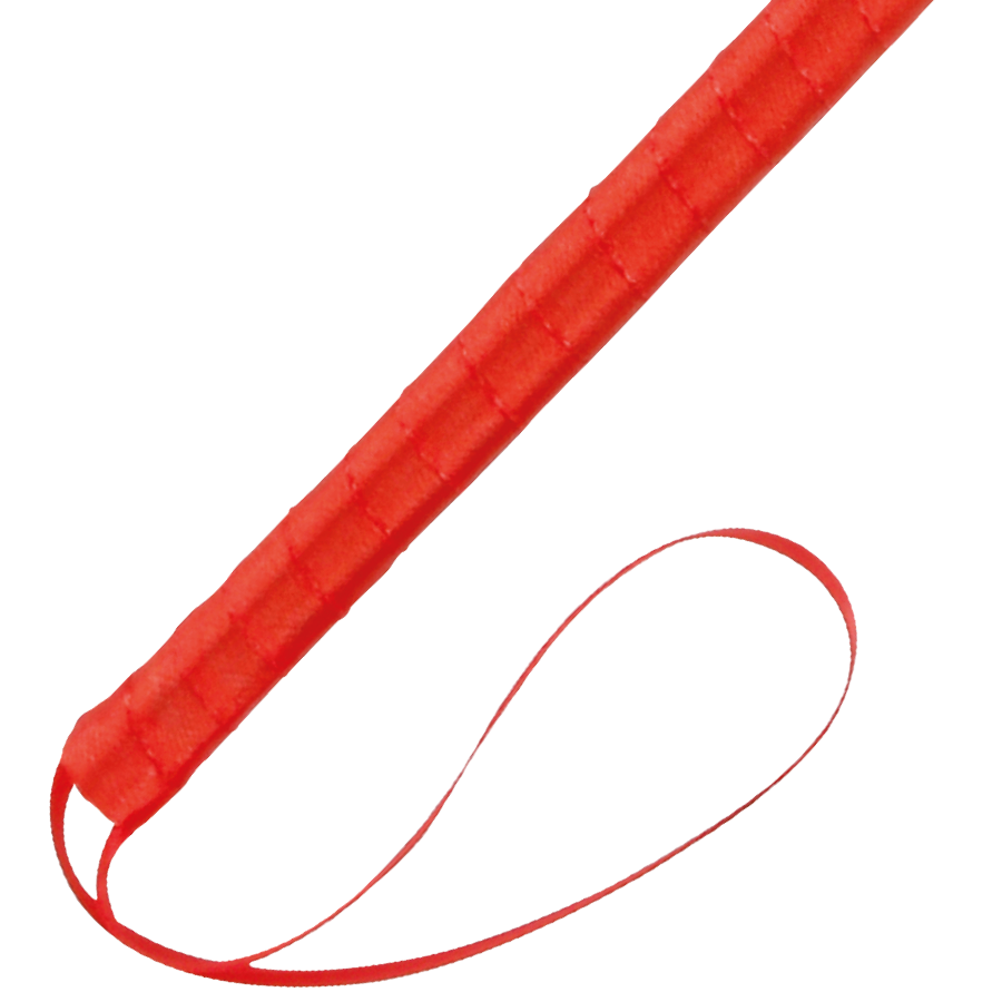 Manche rouge fin et grande dragonne du plumeau de caresse Darkness, conception legere pour effleurer la peau a distance lors de jeux sensoriels en couple.
