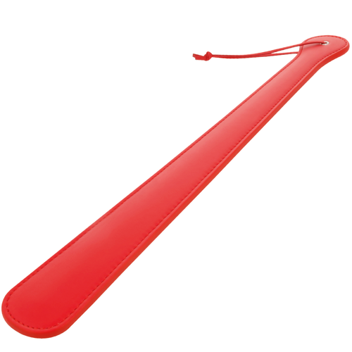 Paddle fetiche rouge Darkness a surface plate et dragonne, tige rigide en simili cuir pour un impact franc et claquant lors de la fessee et de la discipline.
