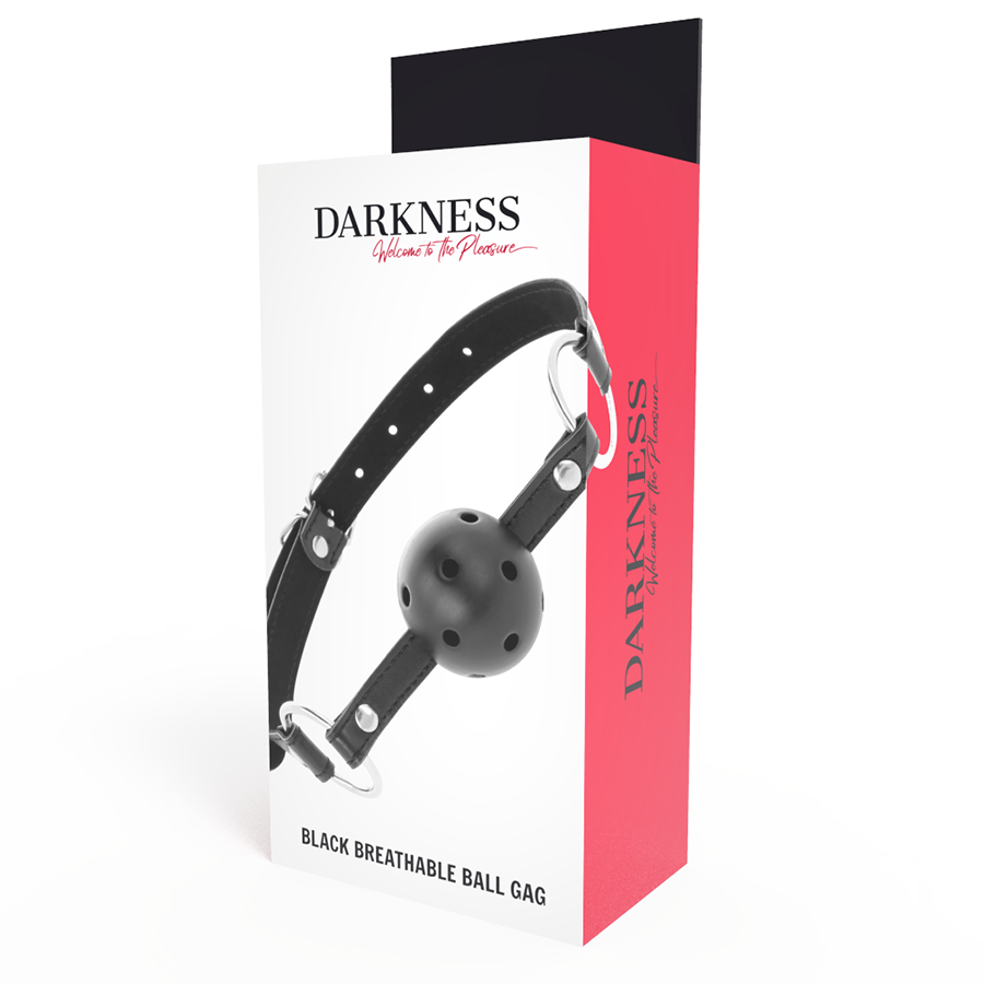 Boite Darkness Black Breathable Ball Gag presentant le baillon boule noire a lanieres cuir. Emballage d'un accessoire de baillonnement respirant pour le jeu de soumission.