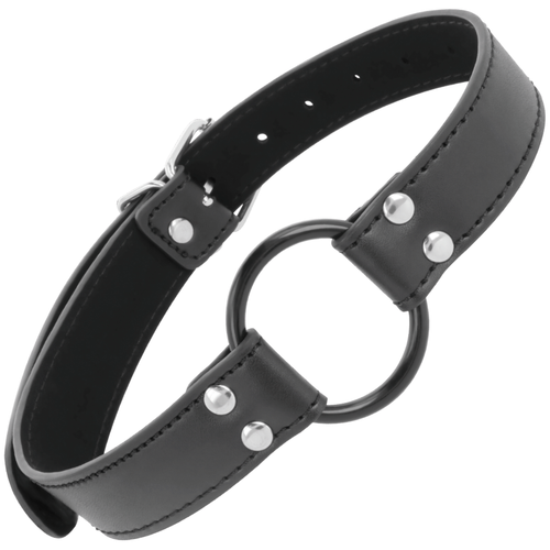 Baillon a anneau ouvert en cuir Darkness, cercle metallique de 3,6 cm monte sur sangle cuir reglable a rivets, accessoire de baillonnement BDSM taille unique.