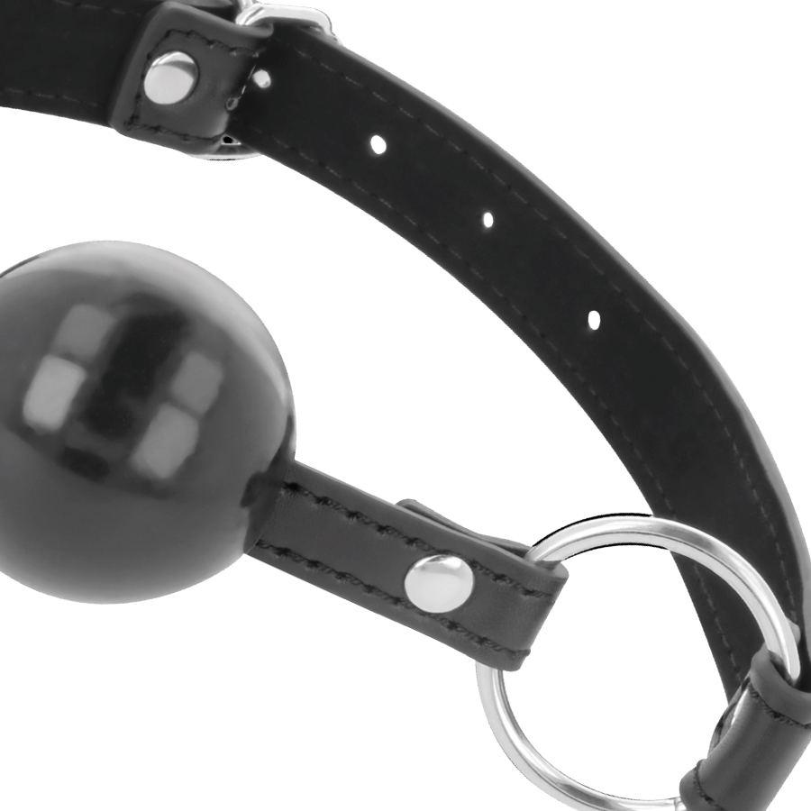 Bâillon boule cuir et PVC noir — vue de profil