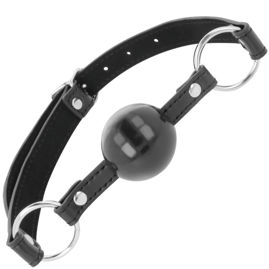 Bâillon boule cuir et PVC noir — détail produit