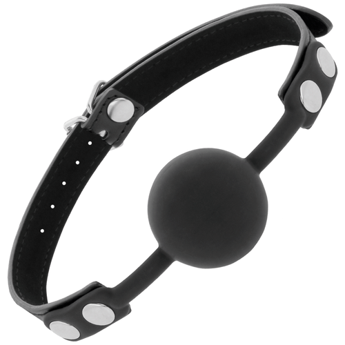 Baillon boule en silicone noir Darkness monte sur sangle cuir a boutons-pression, boule pleine et trous de reglage pour reduire au silence en douceur.