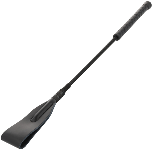 Fouet en cuir veritable Darkness de 45 cm a pointe fine, manche tresse noir et palette terminale, cravache de discipline BDSM legere pour debuter ou progresser.