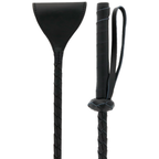 Cravache fetiche Darkness vue de face et de dos, claqueur PVC souple et manche tresse a boucle de poignet, accessoire de discipline BDSM de 60 cm.