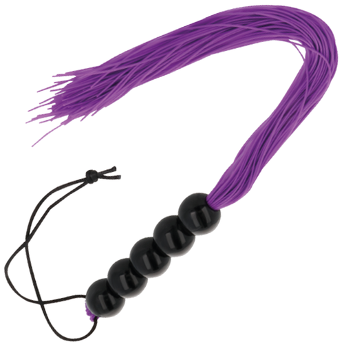 Fouet de bondage violet Darkness a longues laniere souples et manche orne de perles noires lisses : prise facile et claquement net pour la discipline a deux.
