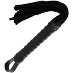 Fouet de bondage Darkness a manche cuir noir, meches souples retombantes sur poignee texturee a dragonne, flogger de discipline BDSM ergonomique pour debutants.