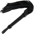 Fouet de bondage en cuir Darkness de 42 cm a poignee, meches souples sur manche tresse a dragonne, flogger de discipline BDSM elegant pour un geste maitrise.