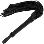 Fouet de bondage en cuir Darkness de 42 cm a poignee, meches souples sur manche tresse a dragonne, flogger de discipline BDSM elegant pour un geste maitrise.