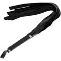 Fouet de bondage noir Darkness de 51 cm, meches retombantes sur poignee tresse a rivet et dragonne, flogger de discipline BDSM ergonomique et leger.