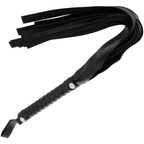 Fouet de bondage noir Darkness de 51 cm, meches retombantes sur poignee tresse a rivet et dragonne, flogger de discipline BDSM ergonomique et leger.