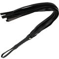 Fouet de bondage noir Darkness de 45 cm, longues meches souples sur poignee tresse a boucle, flogger de discipline BDSM elegant pour explorer en couple.