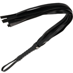Fouet de bondage noir Darkness de 45 cm, longues meches souples sur poignee tresse a boucle, flogger de discipline BDSM elegant pour explorer en couple.