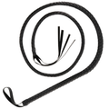 Fouet de bondage noir Darkness de 210 cm enroule, longue laniere cuir tressee a poignee, fouet de discipline BDSM pour pratique en couple ou en solo.