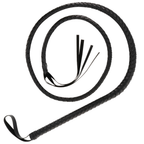 Fouet de bondage noir Darkness de 210 cm enroule, longue laniere cuir tressee a poignee, fouet de discipline BDSM pour pratique en couple ou en solo.