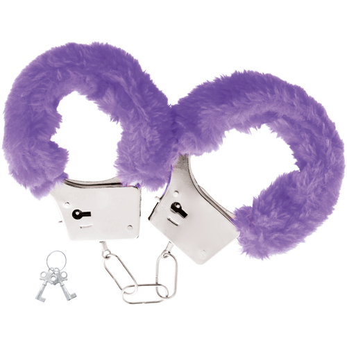 Menottes fourrure Darkness doublees de fausse fourrure violette avec attaches metalliques et cles. Menottes confortables pour debuter le bondage ou enrichir une collection BDSM.