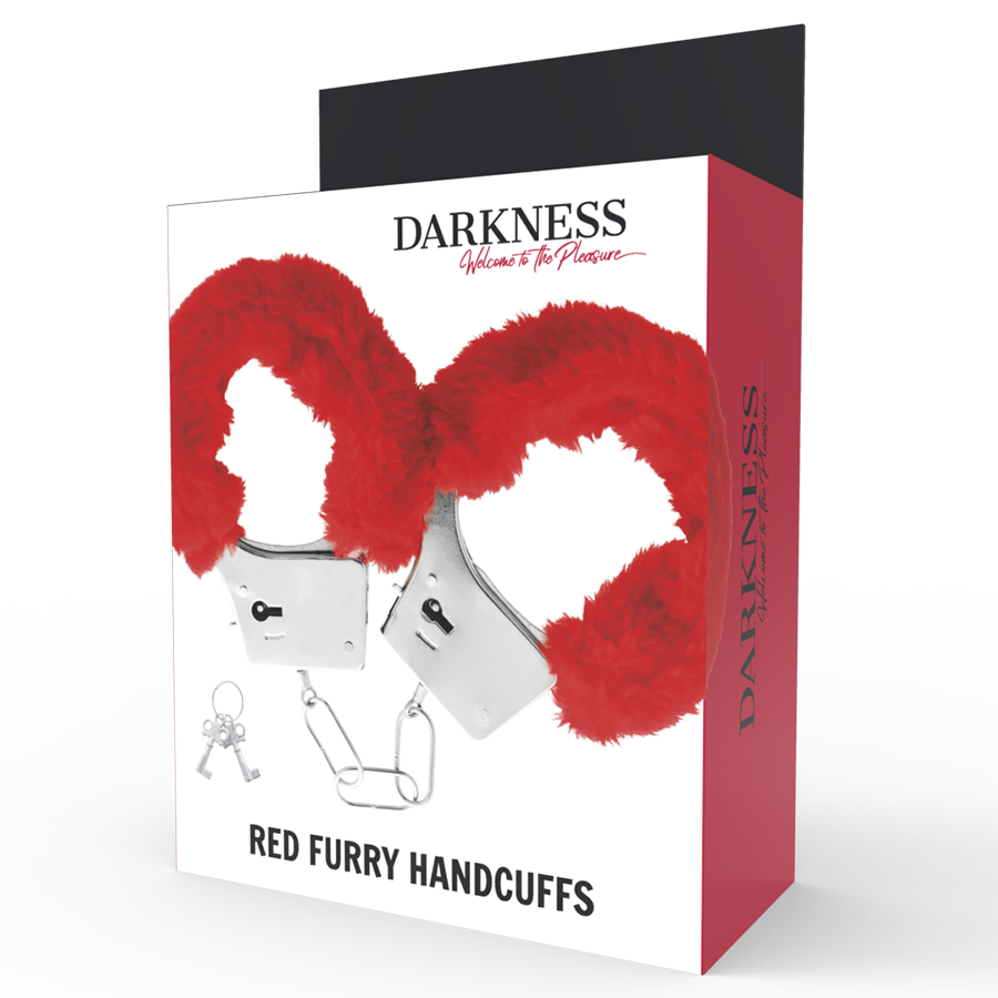 Boite Darkness Red Furry Handcuffs presentant des menottes doublees de fausse fourrure rouge. Emballage de menottes metalliques confortables pour le bondage a deux.