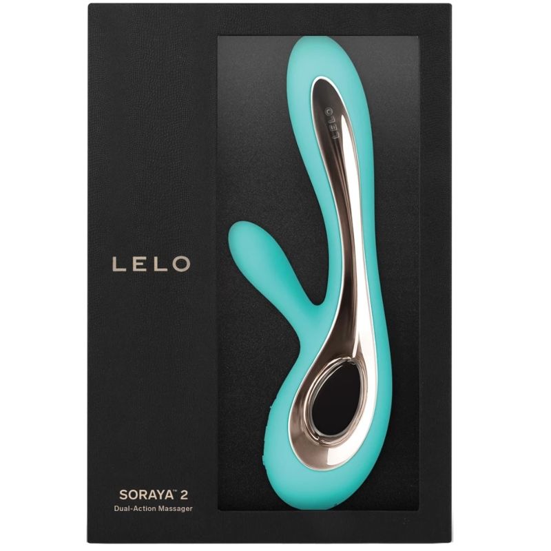 Boite Lelo Soraya 2 turquoise de face, rabbit a finition doree sous fenetre, masseur double action point G et clitoris en silicone, mention dual action massager premium.