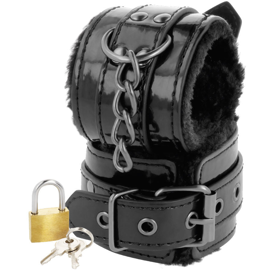 Menottes de cheville réglables cuir et PVC noir — vue de profil