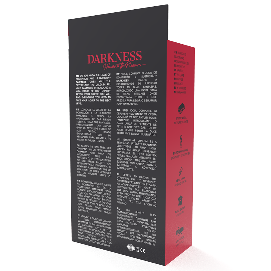 Verso de la boite Darkness des menottes cuir PVC noir, panneau noir et rouge couvert du descriptif produit et des pictogrammes pour le bondage.