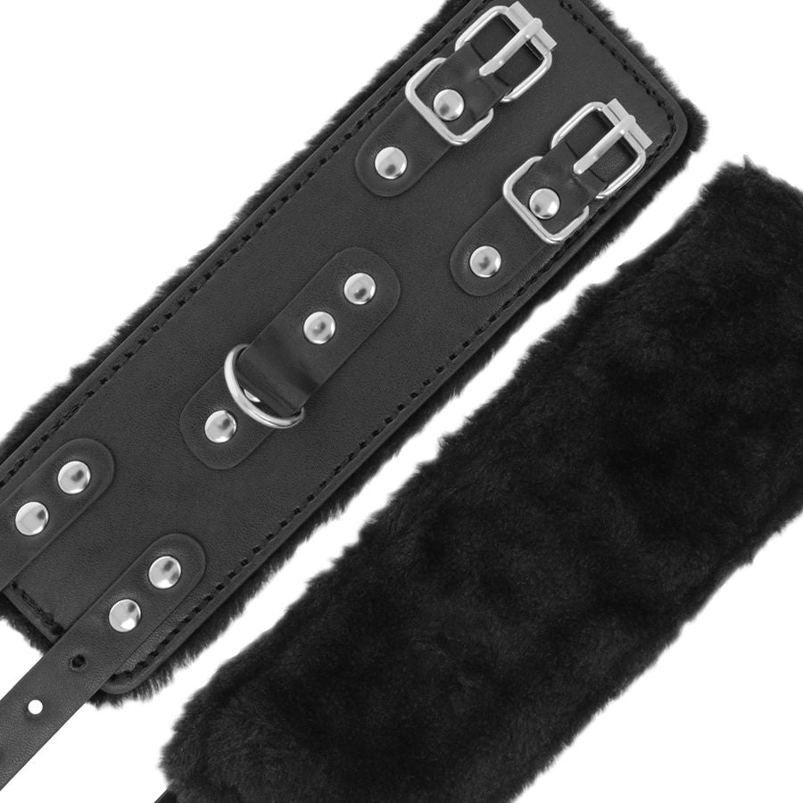 Menottes ajustables cuir PVC noir doublure — détail texture surface