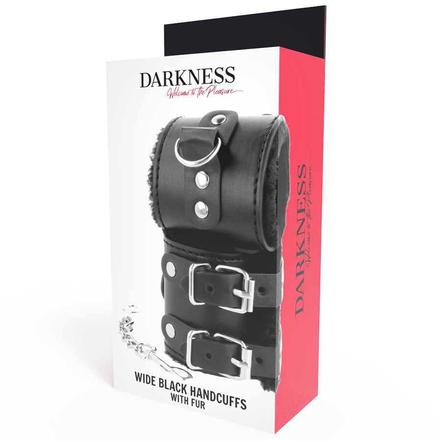 Boite Darkness Wide Black Handcuffs with Fur de face, large menotte cuir noir bordee fourrure et chaine, packaging rouge et blanc pour le bondage.