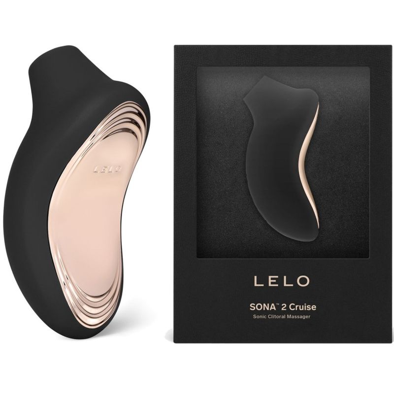 Stimulateur clitoridien Sona 2 Cruise noir présenté à côté de sa boîte Lelo Sonic Clitoral Massager, masseur sonique en silicone à embout d'aspiration arrondi.