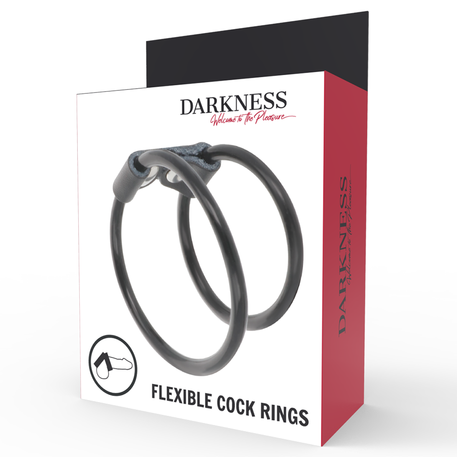 Boite Darkness Flexible Cock Rings montrant le double anneau penien flexible noir a attache cuir. Emballage d'un cockring double pour entourer verge et testicules.