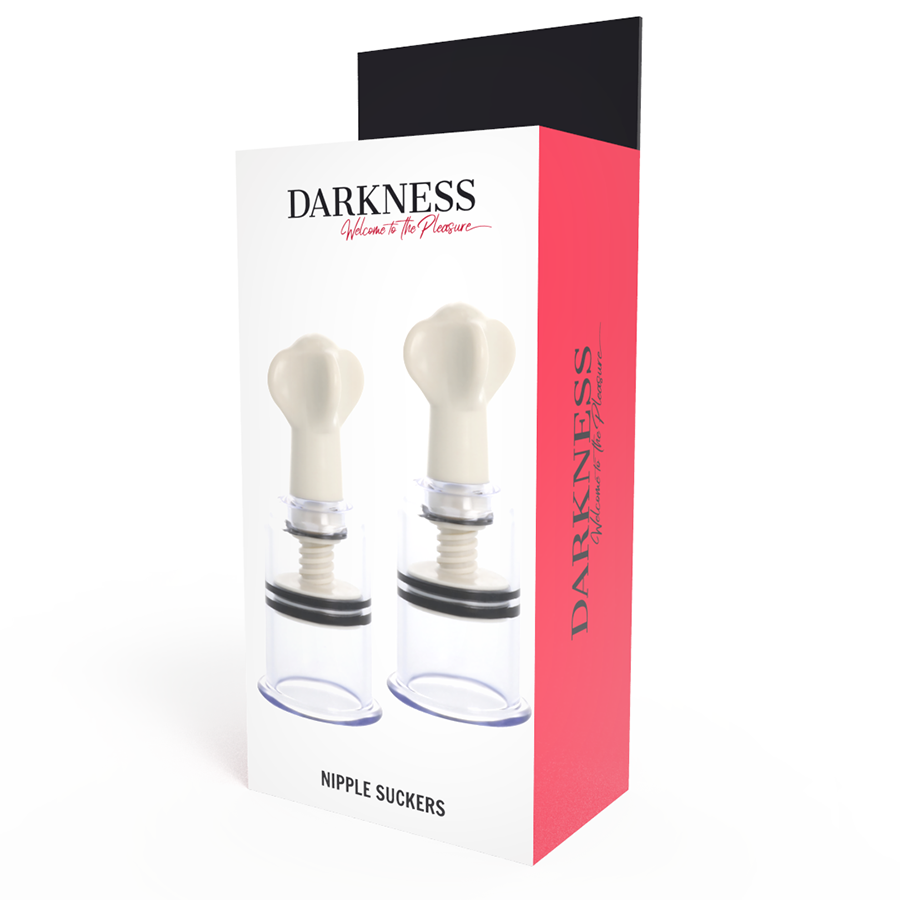Boite Darkness Nipple Suckers presentant les ventouses a tetons a pompe manuelle, cylindres transparents pour une stimulation par aspiration des mamelons.