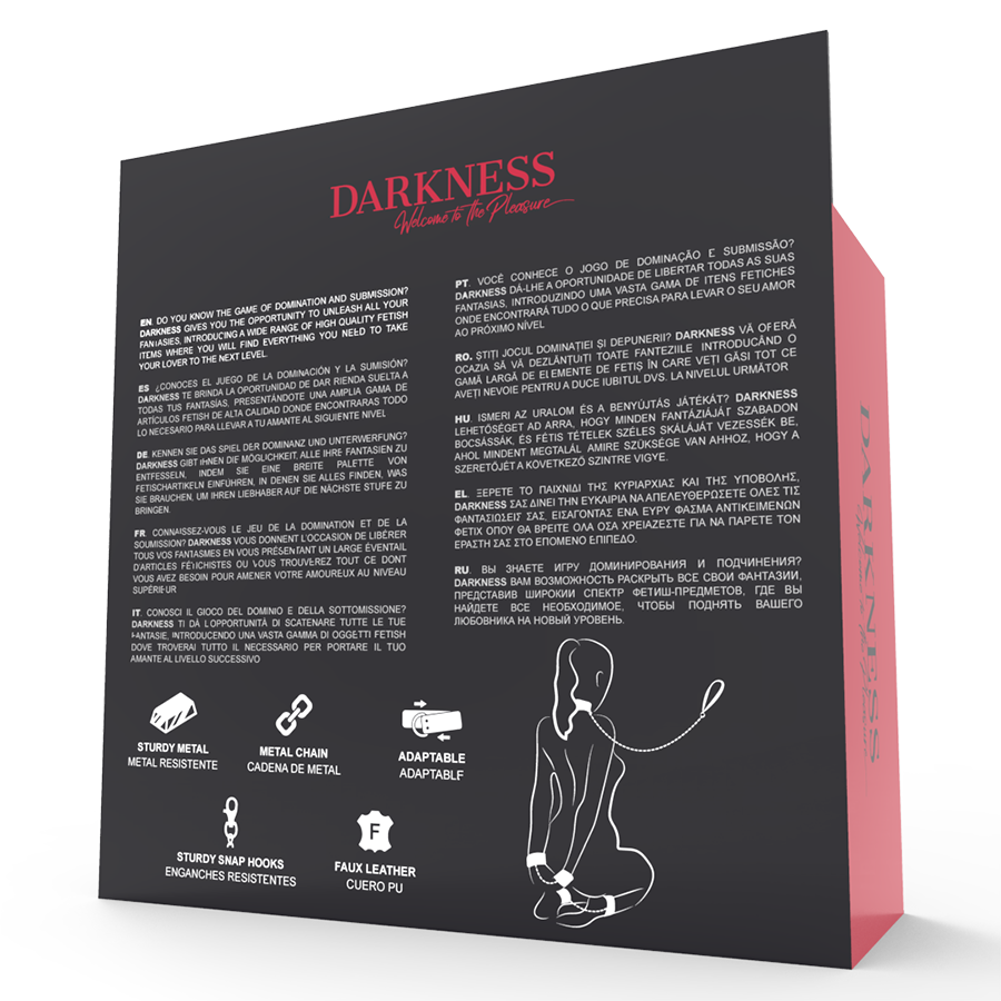 Verso de la boite Darkness Sub & Dom Kit, panneau noir et rouge avec descriptif, pictogrammes des materiaux et schema d'utilisation du kit de bondage.