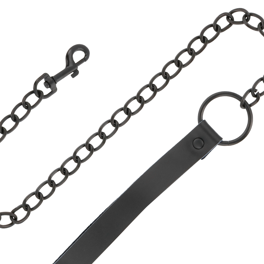 Ensemble menottes et collier cuir noir — détail texture surface