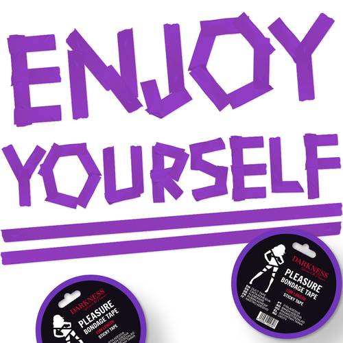 Visuel typographique Enjoy Yourself violet du ruban de bondage Darkness avec vignette produit. Ruban auto-adherent reutilisable pour improviser des liens sans noeud ni colle.