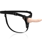 Harnais gode-ceinture Fetish Submissive vu de profil, gode chair realiste au gland profile monte sur sangles noires ajustables, kit silicone reglable a deux.