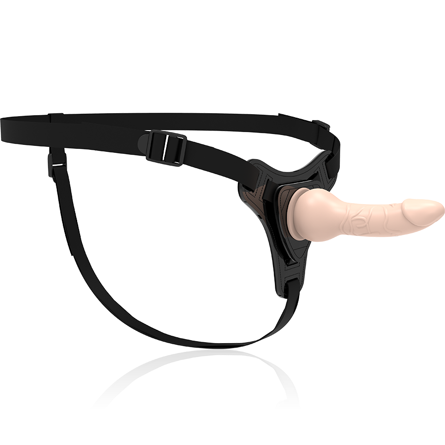 Harnais gode-ceinture Fetish Submissive vu de profil, gode chair realiste au gland profile monte sur sangles noires ajustables, kit silicone reglable a deux.