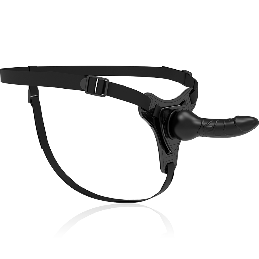 Gode-ceinture realiste Fetish Submissive en silicone noir vu de face, gland dessine et sangles fines, harnais leger entierement reglable pour debuter le strap-on.