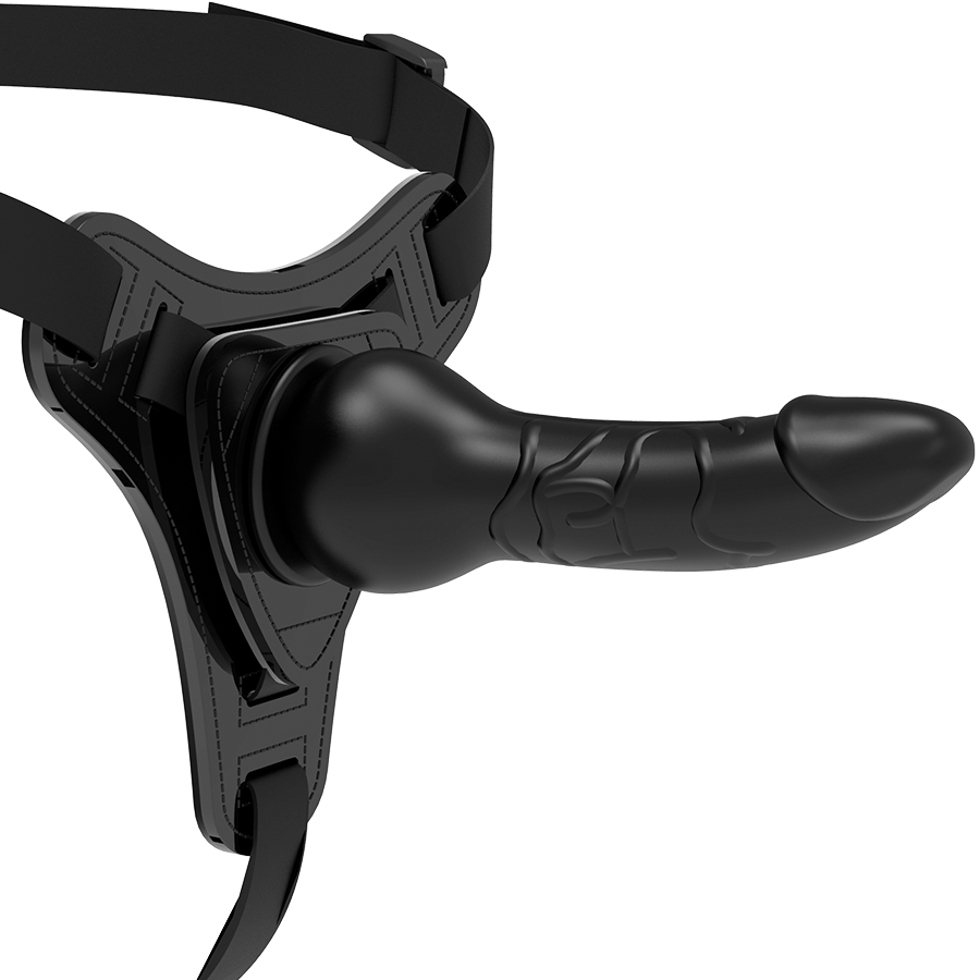 Harnais gode-ceinture Fetish Submissive vu de profil, gode noir realiste en silicone au gland marque et veines, monte sur sangles ajustables pour la penetration.