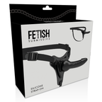 Boite Fetish Submissive du strap-on silicone, vue laterale montrant harnais noir et gode realiste, kit reglable pensee pour la penetration en couple.