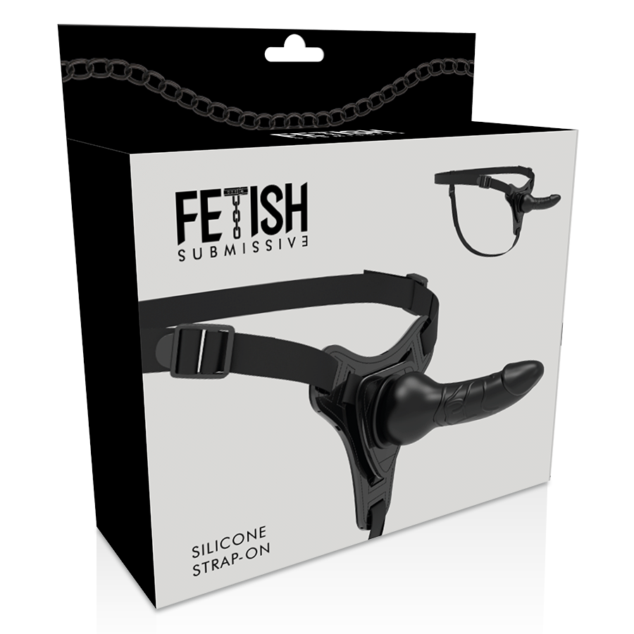 Boite Fetish Submissive du strap-on silicone, vue laterale montrant harnais noir et gode realiste, kit reglable pensee pour la penetration en couple.