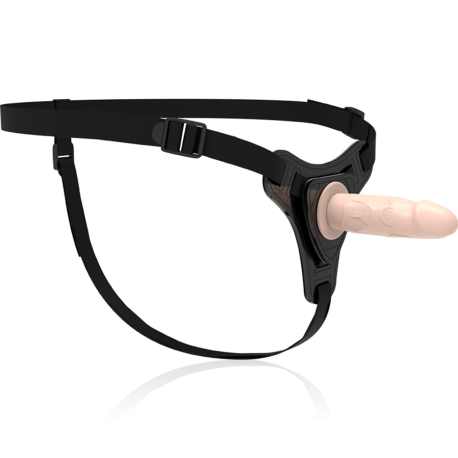 Harnais gode-ceinture Fetish Submissive vu de face, gode chair realiste au gland dessine et sangles noires reglables, kit silicone souple pour couples.