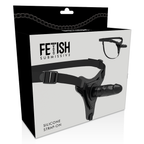 Boite Fetish Submissive du harnais gode-ceinture silicone, vue d'angle avec gode noir realiste visible et ceinture elastique reglable pour jeux a deux.