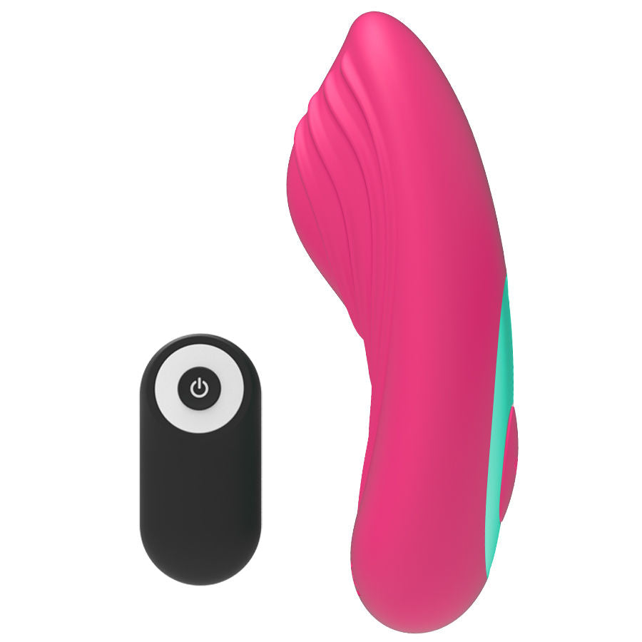 Vibromasseur Panty Vibe rose vu de profil debout, liseré turquoise sur le côté, télécommande noire posée à côté